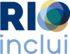 palavra rio com as letras r e i na cor azul marinho e a letra o representada por círculos coloridos em sobreposição. Abaixo a palavra inclui na cor azul celeste sob um quadrado quadriculado.