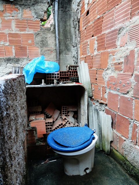 Foto de banheiro antigo com paredes de tijolos aparentes, vaso sanitário com assento azul quebrada.