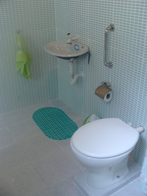 Banheiro com paredes de pastilhas verdes, um vaso sanitário, uma pia com torneira, suporte com toalha verde, uma barra de suporte ao lado da pia e um tapete verde no chão.