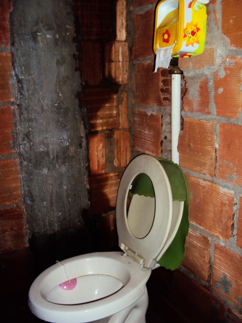 banheiro antigo com tijolos aparentes, uma vaso sanitário com encanamento exposto.